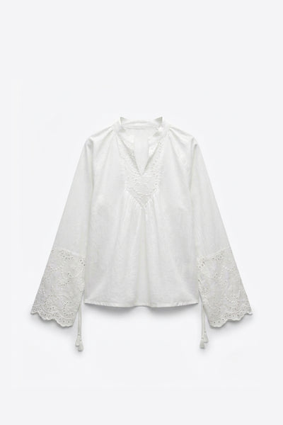 BLOUSE COL V DENTELLE MANCHES AMPLES