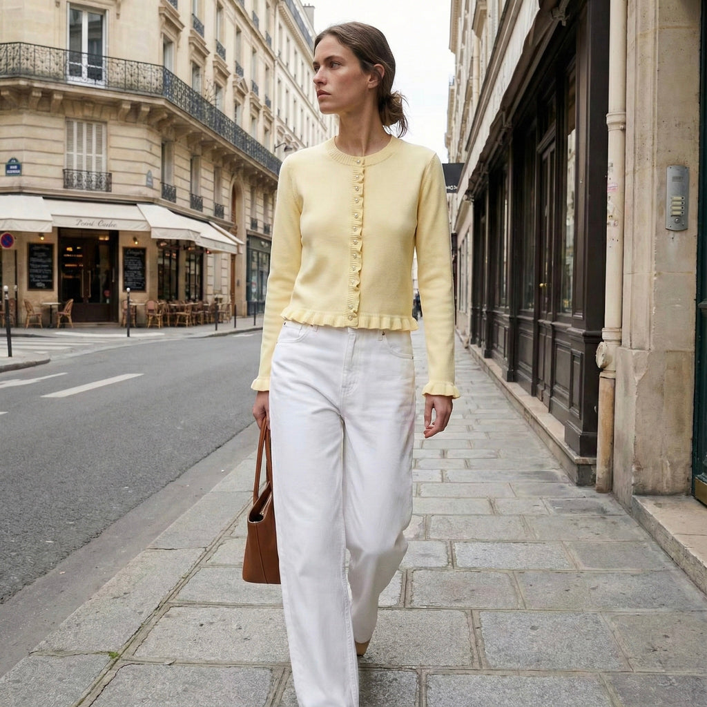 CARDIGAN FIN À VOLANTS BAS ET MANCHES