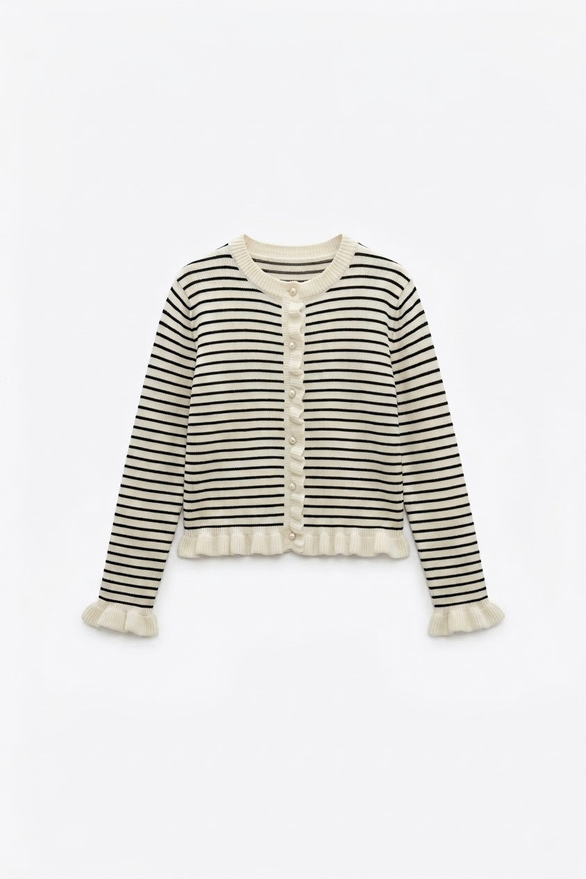 CARDIGAN RAYÉ À FINITIONS VOLANTÉES