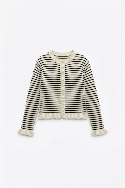 RUFFLED TRIM STRIPED CARDIGAN