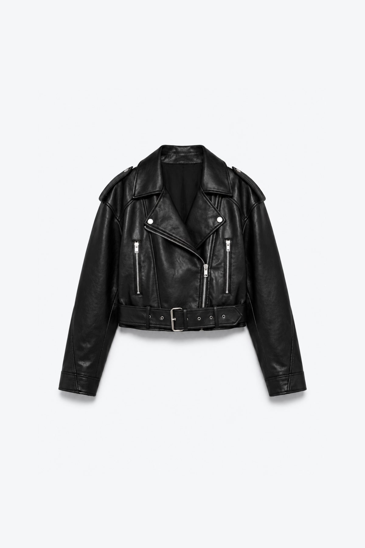VESTE COURTE EFFET CUIR CEINTURÉE