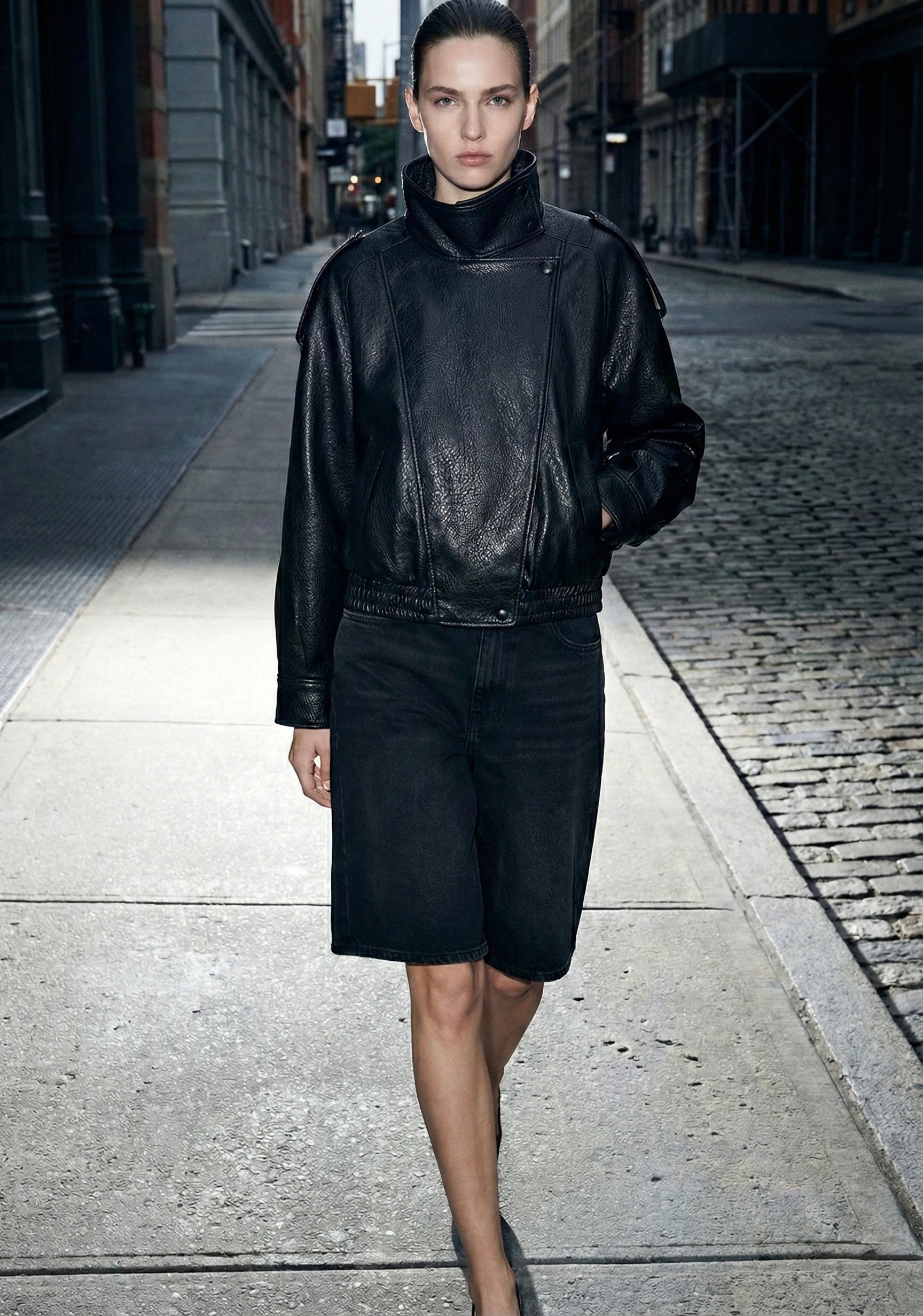 VESTE BOMBER EFFET CUIR À COL MONTANT