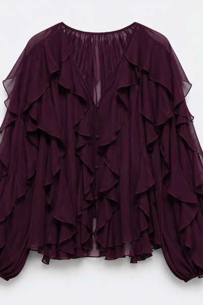 BLOUSE VOLANTÉE COL V MANCHES BOUFFANTES