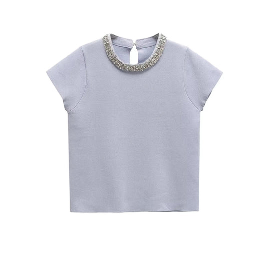 TOP EN MAILLE À COL ORNÉ DE STRASS