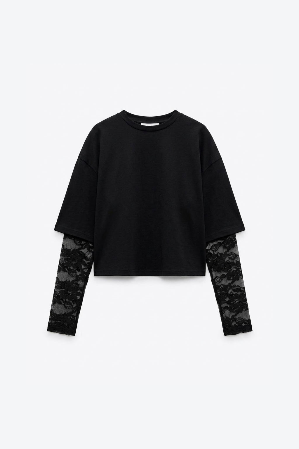 T-SHIRT BI-MATIÈRE À MANCHES EN DENTELLE