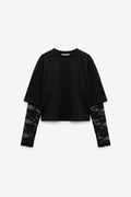 T-SHIRT BI-MATIÈRE À MANCHES EN DENTELLE