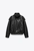 LEATHER-EFFECT STAND-COLLAR BOMBER JACKET