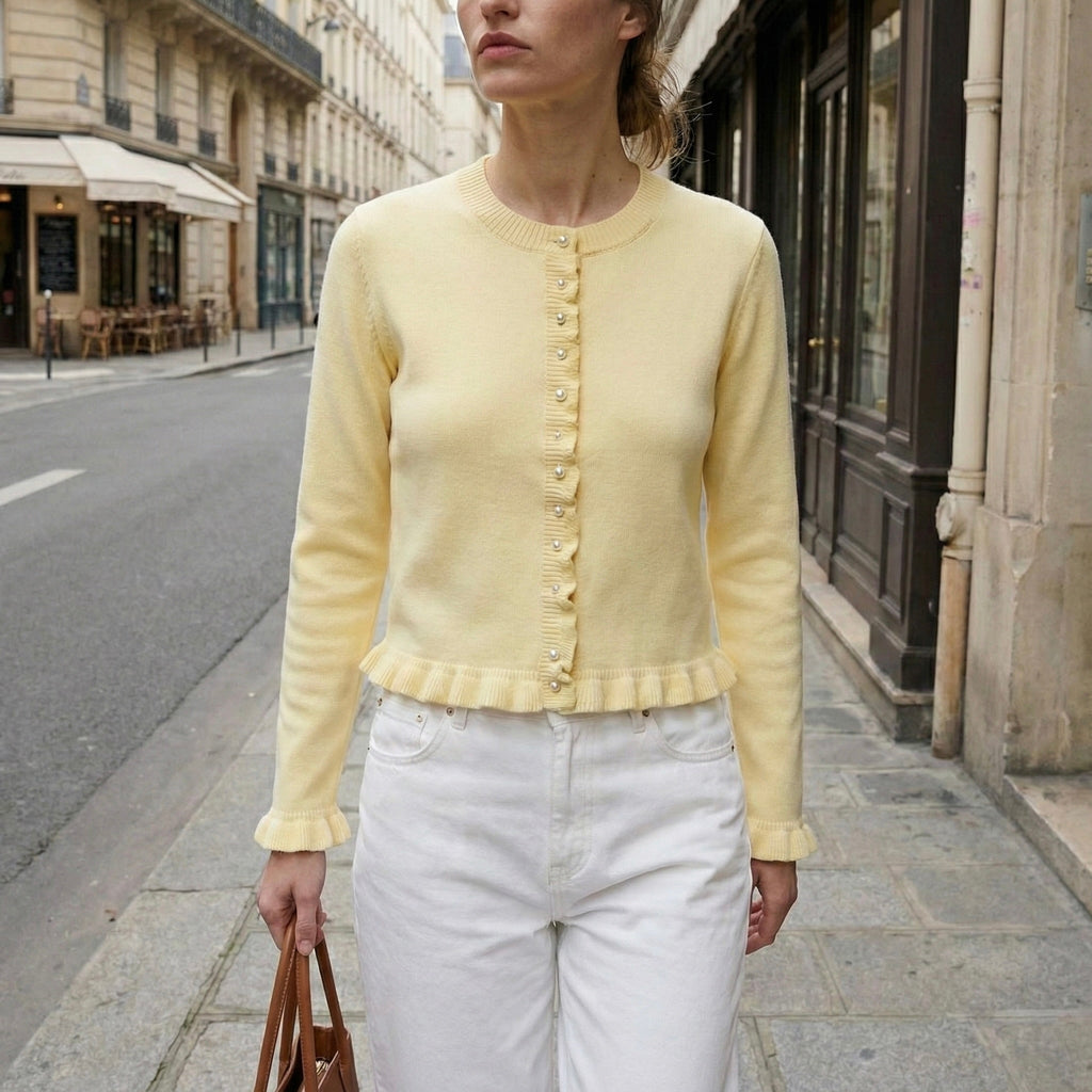 CARDIGAN FIN À VOLANTS BAS ET MANCHES