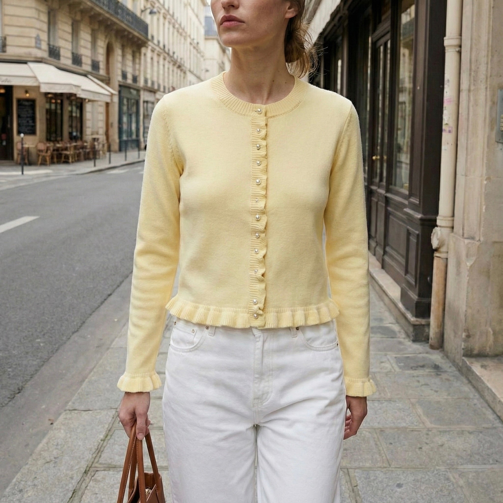 CARDIGAN FIN À VOLANTS BAS ET MANCHES