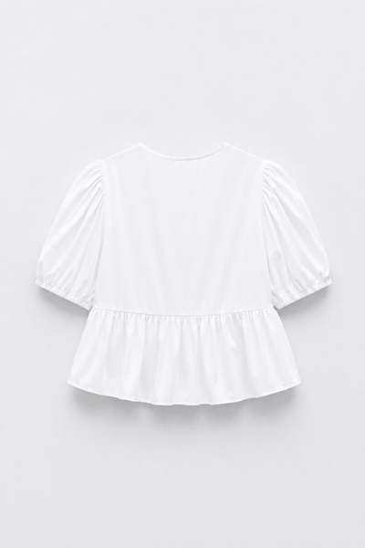 BLOUSE COURTE COL ROND MANCHES BOUFFANTES