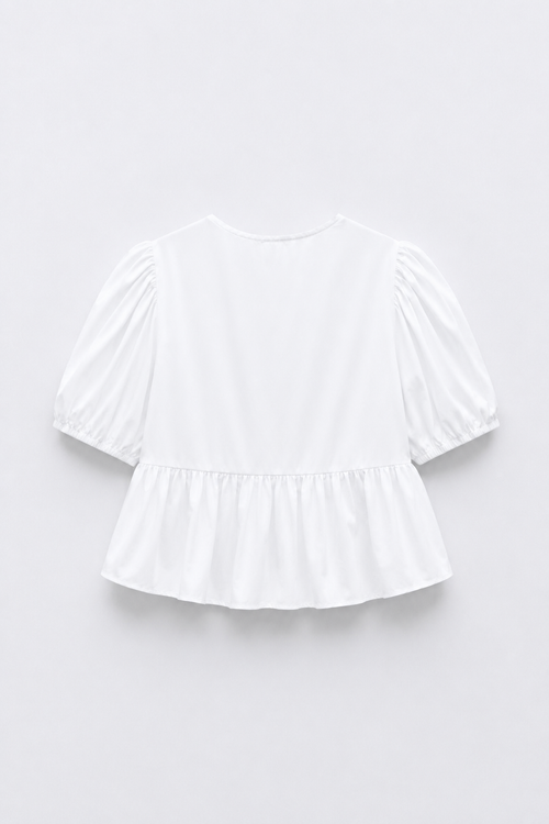 BLOUSE COURTE COL ROND MANCHES BOUFFANTES