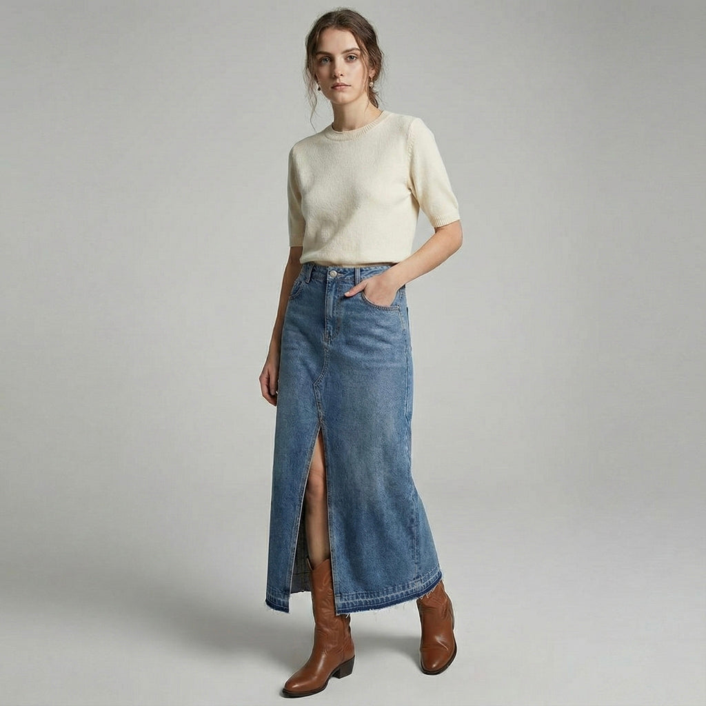 JUPE MIDI EN DENIM À FENTE FRONTALE