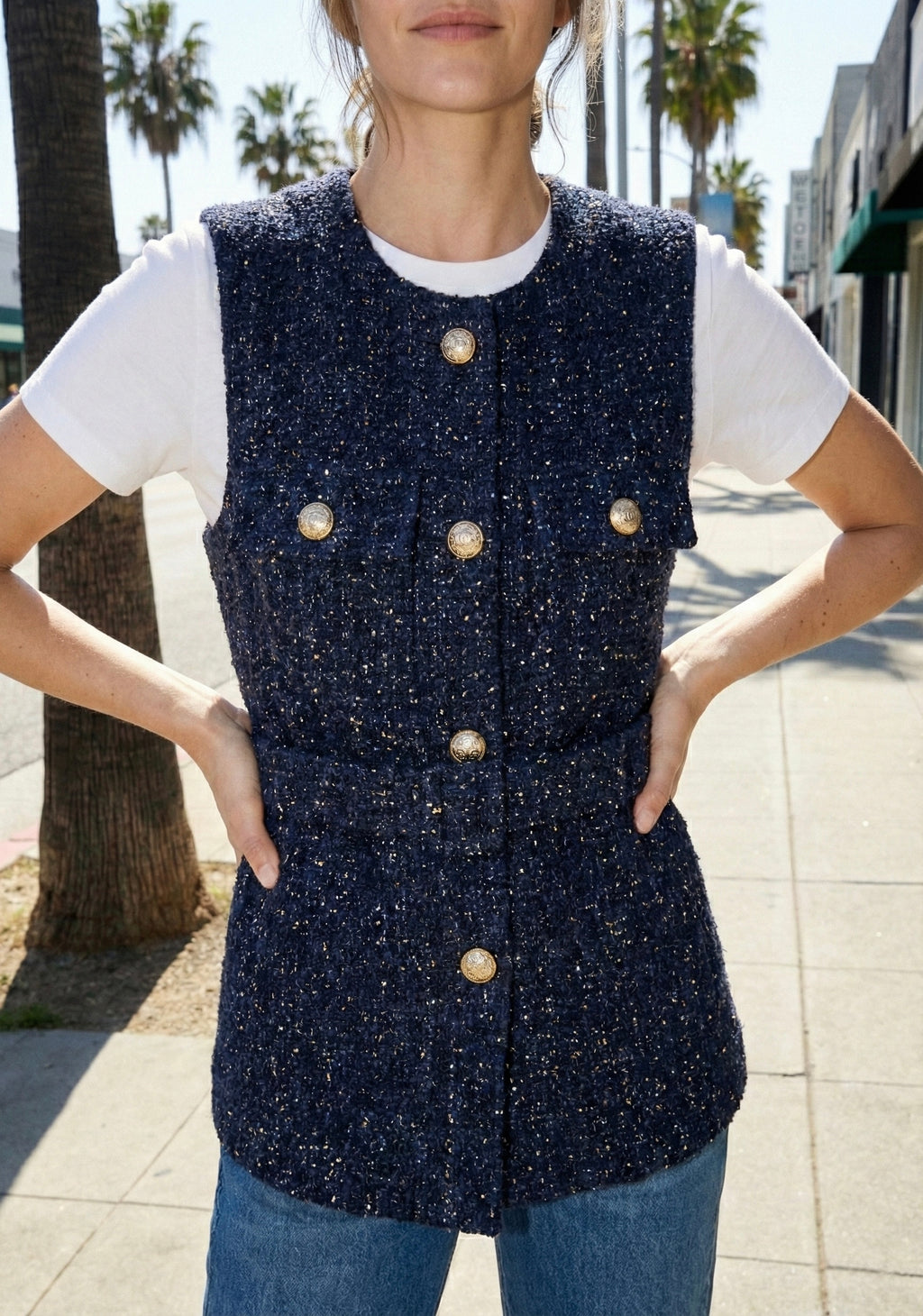 GILET STRUCTURÉ EN TWEED À CEINTURE