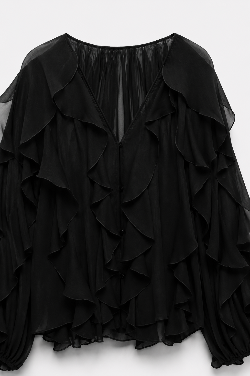 BLOUSE VOLANTÉE COL V MANCHES BOUFFANTES