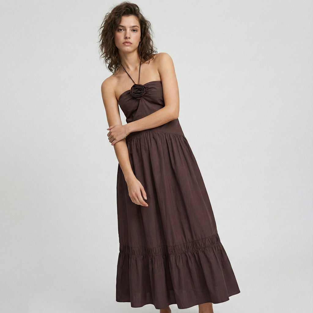 ROBE LONGUE À LIENS NUQUE ET DÉTAIL FLEUR