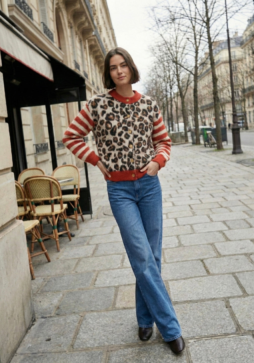 CARDIGAN À IMPRIMÉ LÉOPARD ET RAYURES