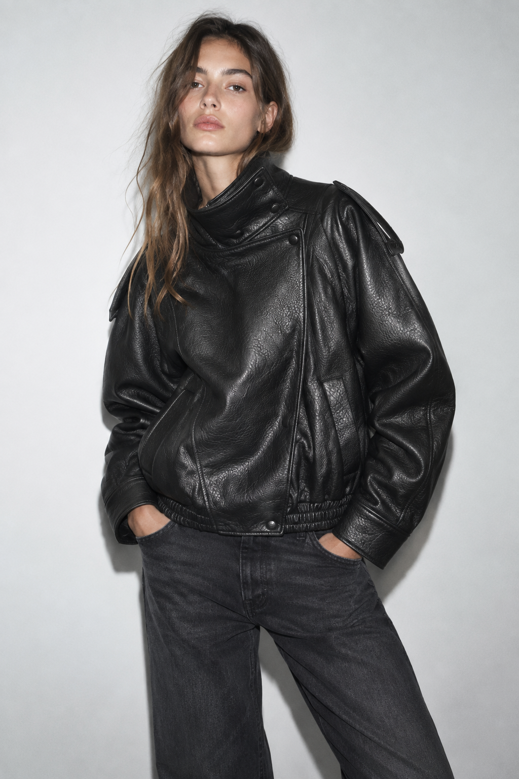 LEATHER-EFFECT STAND-COLLAR BOMBER JACKET