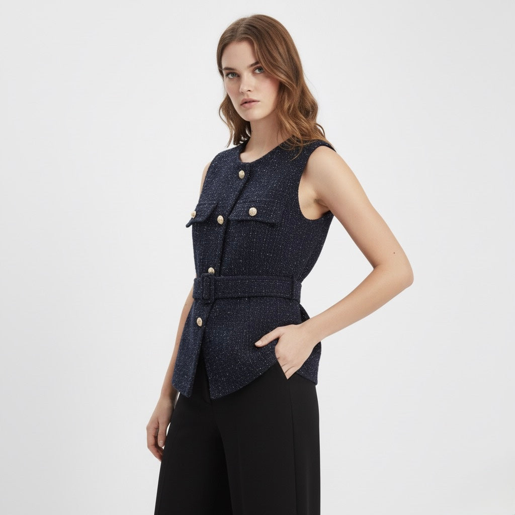 GILET SANS MANCHES EN TWEED À CEINTURE
