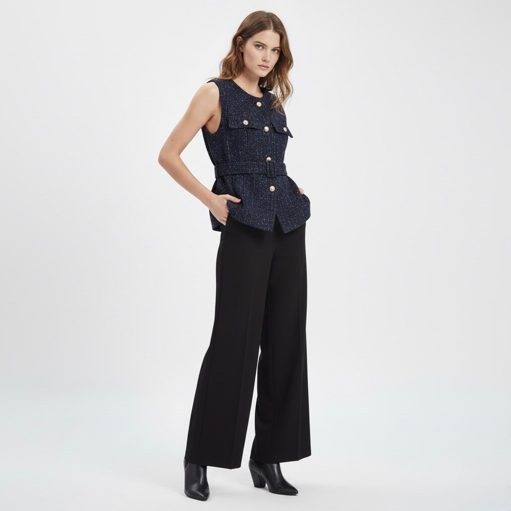 GILET SANS MANCHES EN TWEED À CEINTURE