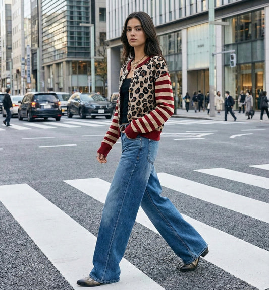 CARDIGAN À IMPRIMÉ LÉOPARD ET RAYURES