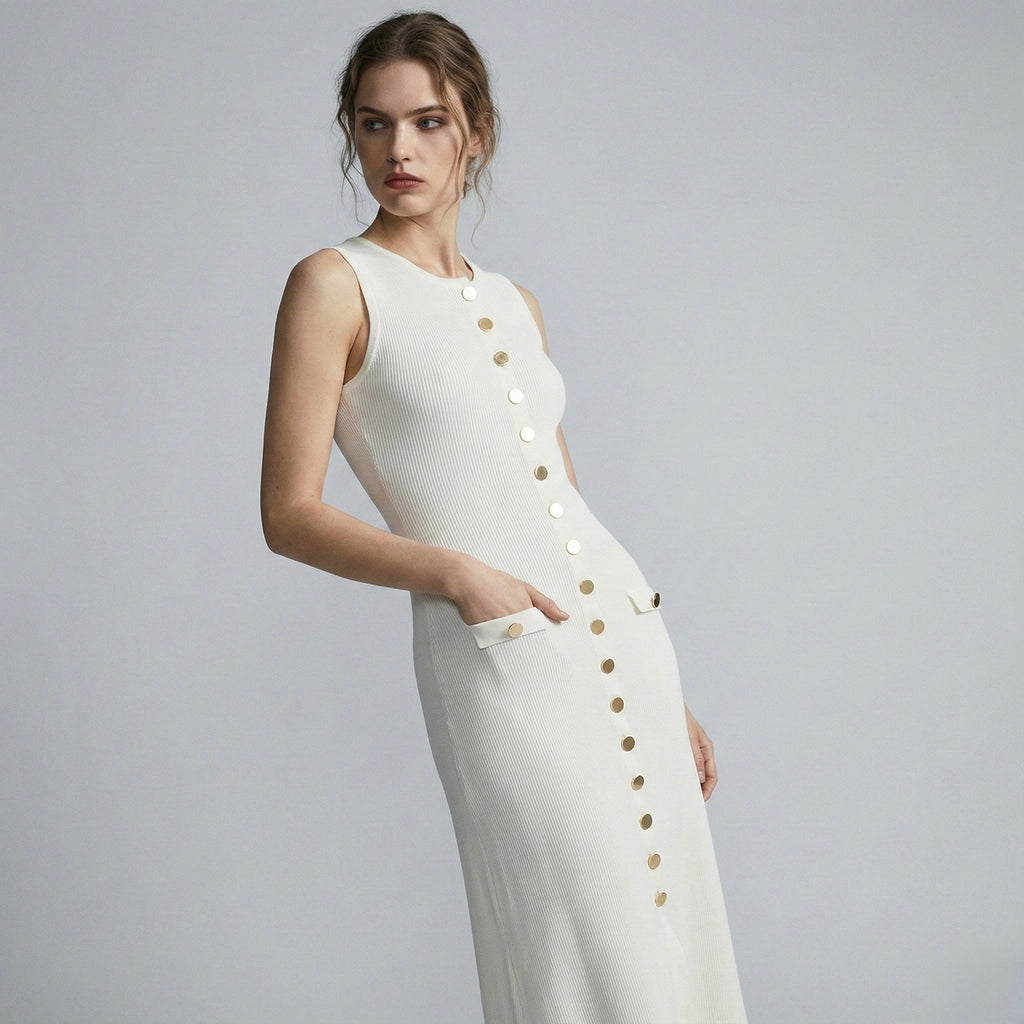 Abito lungo elegante con bottoni dorati