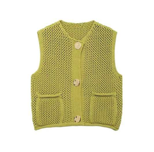 GILET EN MAILLE AJOURÉE À BOUTONS