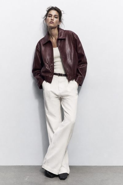 BLOUSON BOMBER EFFET CUIR À BASE ÉLASTIQUÉE