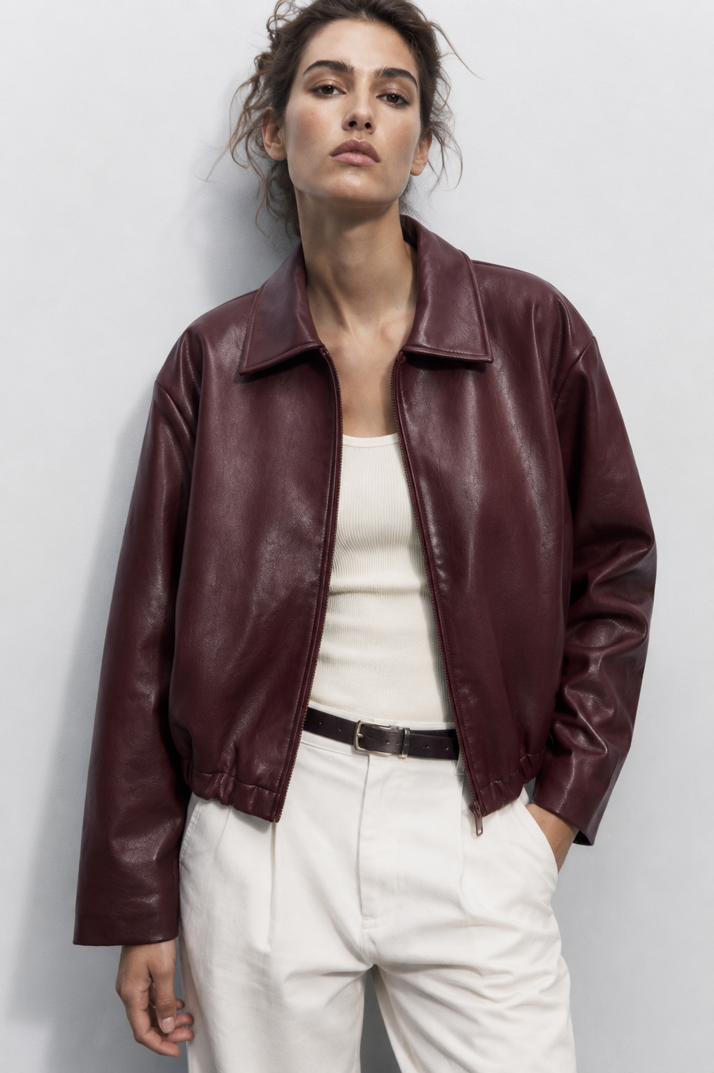 BLOUSON BOMBER EFFET CUIR À BASE ÉLASTIQUÉE