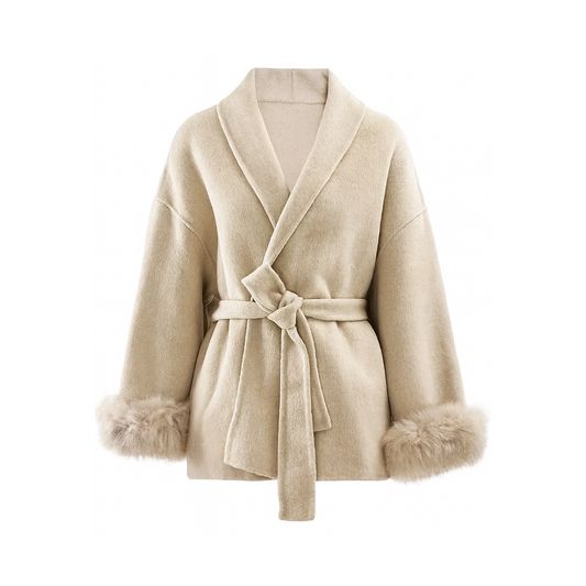 MANTEAU COURT CEINTURÉ À MANCHES FOURRÉES