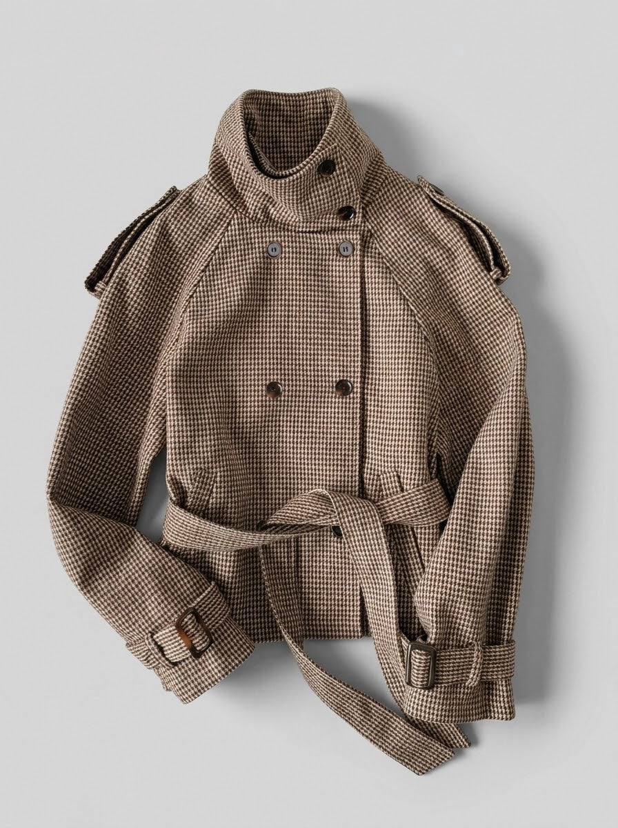 VESTE COURTE STYLE TRENCH À MOTIF PIED-DE-POULE