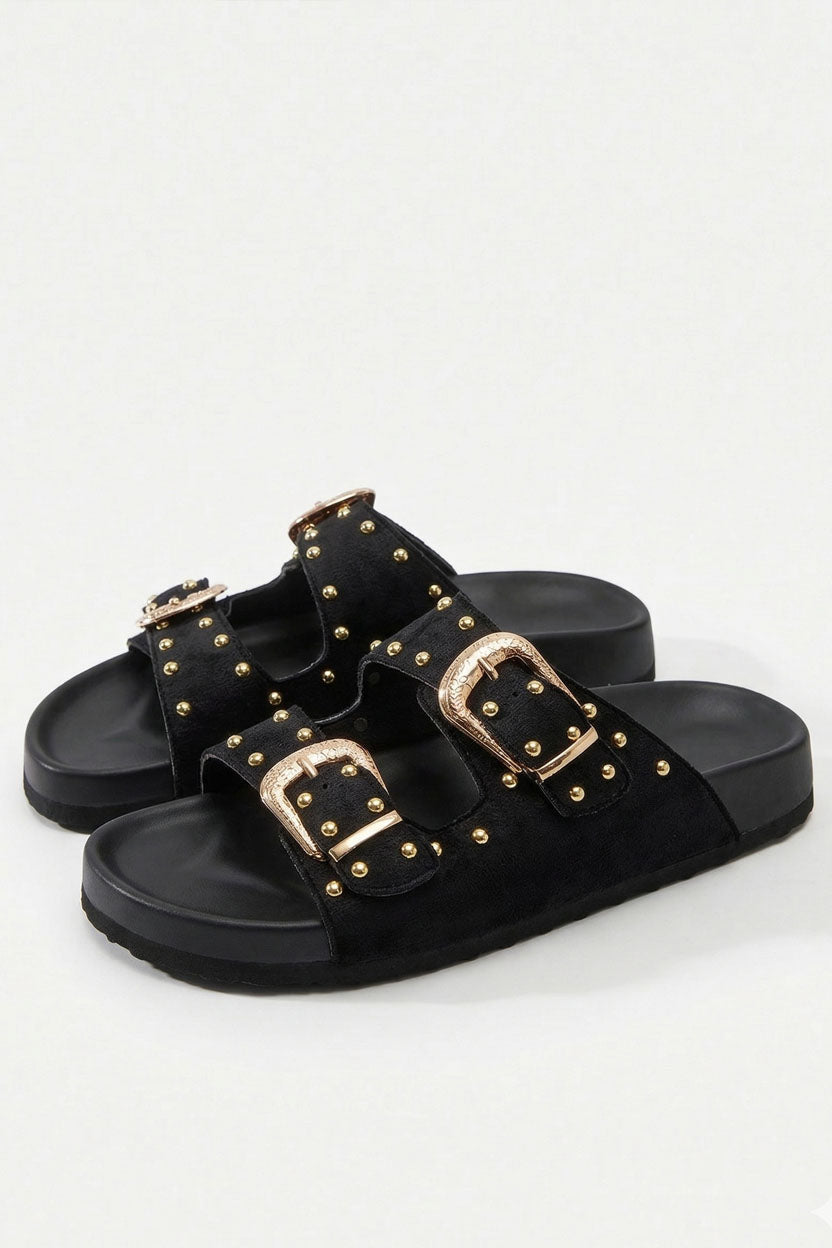 MULES EN DAIM PU NOIRE BOUCLES DOREES
