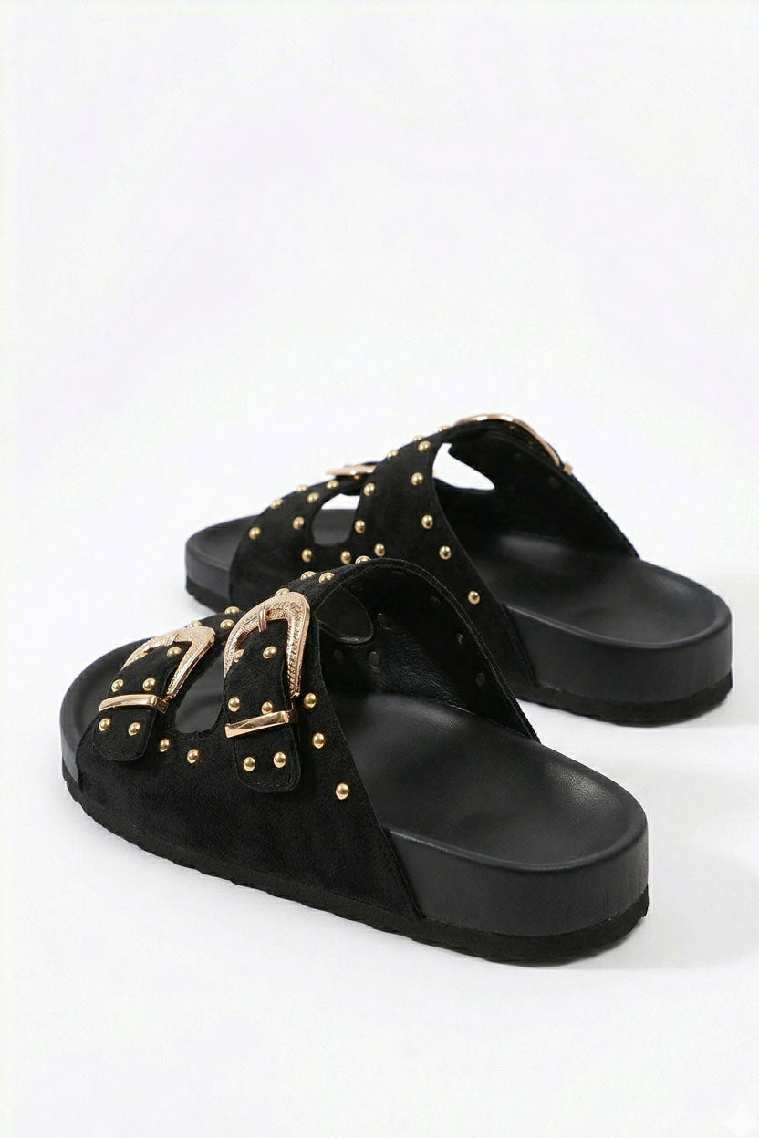 MULES EN DAIM PU NOIRE BOUCLES DOREES