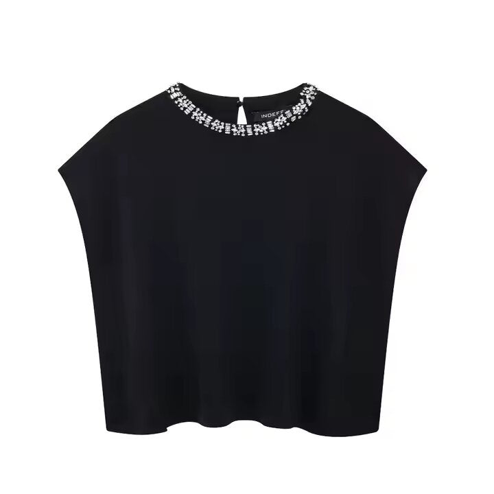 Pull over sans manche col en perles