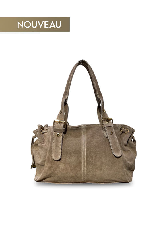 SAC A MAIN EN CUIR SUÈDE À LACETS TAUPE