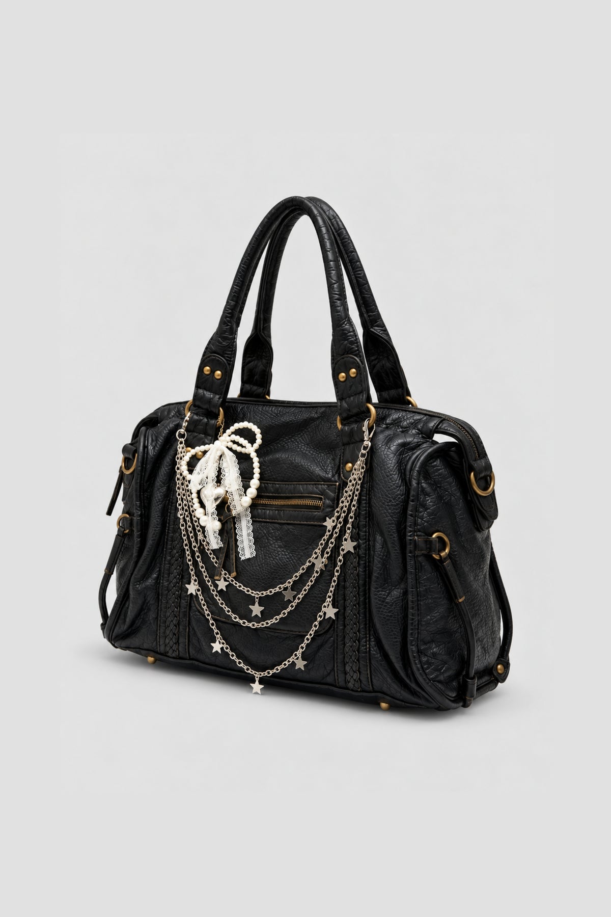 SAC CITY EFFET CUIR FROISSÉ À CHAÎNES ET ÉTOILES