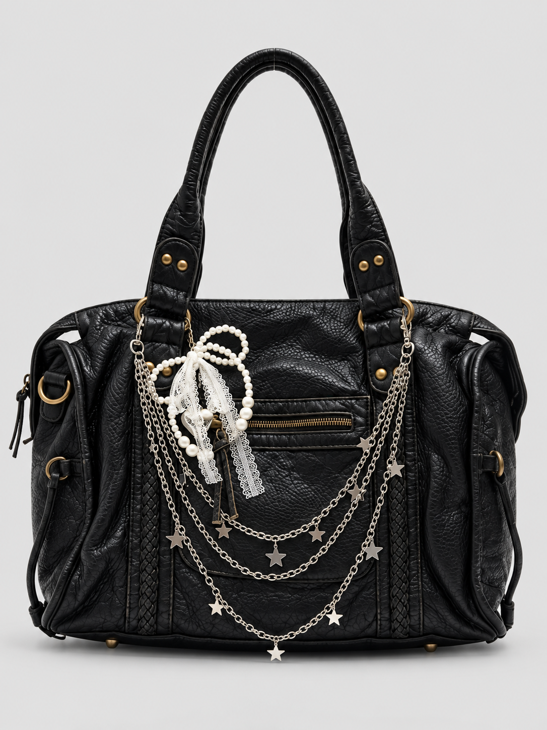 SAC CITY EFFET CUIR FROISSÉ À CHAÎNES ET ÉTOILES