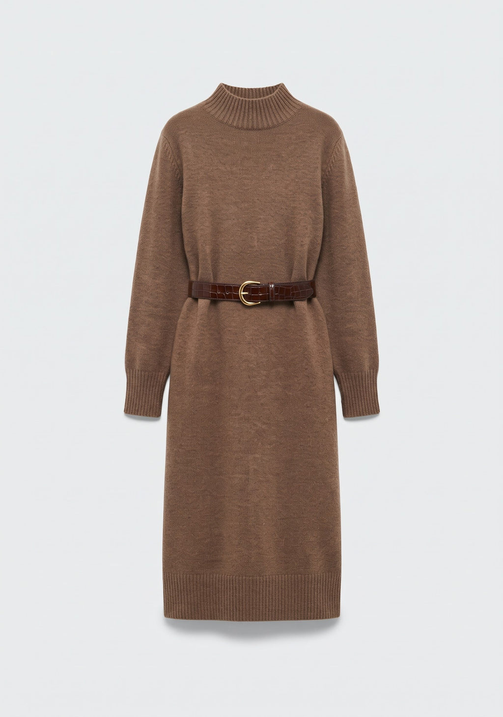 ROBE MIDI EN MAILLES TRICOTÉES À COL MONTANT ET CEINTURE