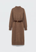 ROBE MIDI EN MAILLES TRICOTÉES À COL MONTANT ET CEINTURE