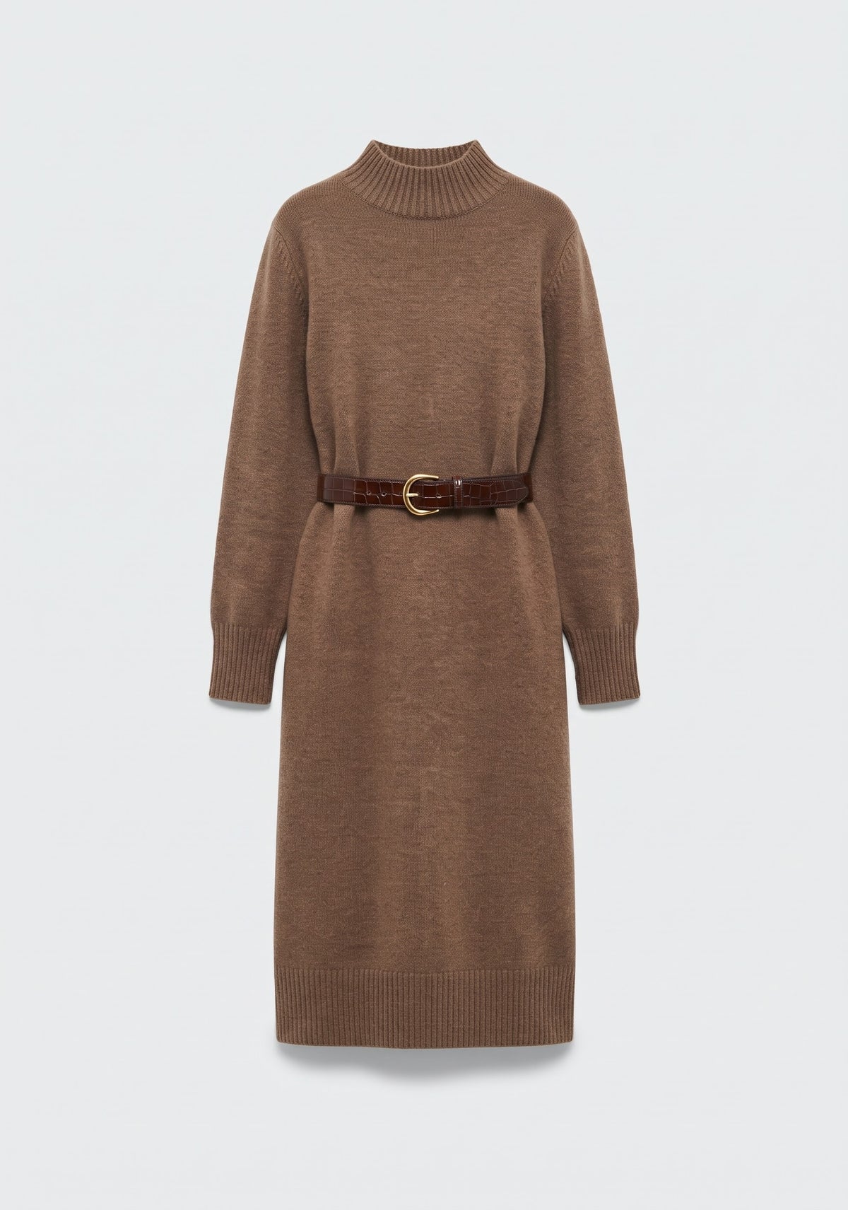 ROBE MIDI EN MAILLES TRICOTÉES À COL MONTANT ET CEINTURE