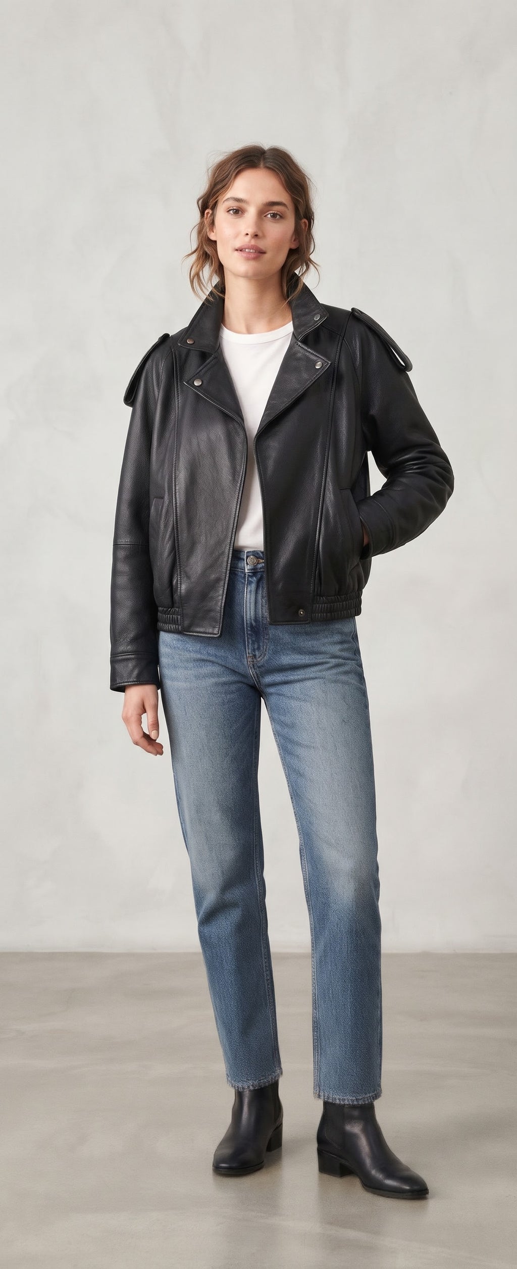 LEATHER-EFFECT STAND-COLLAR BOMBER JACKET