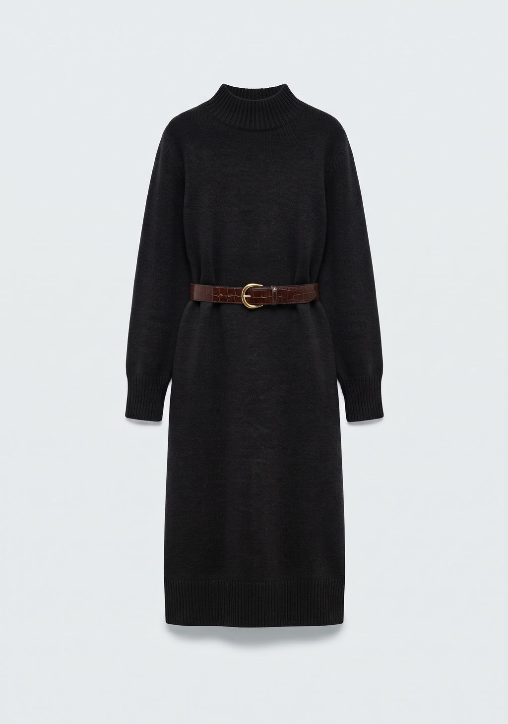 ROBE MIDI EN MAILLES TRICOTÉES À COL MONTANT ET CEINTURE