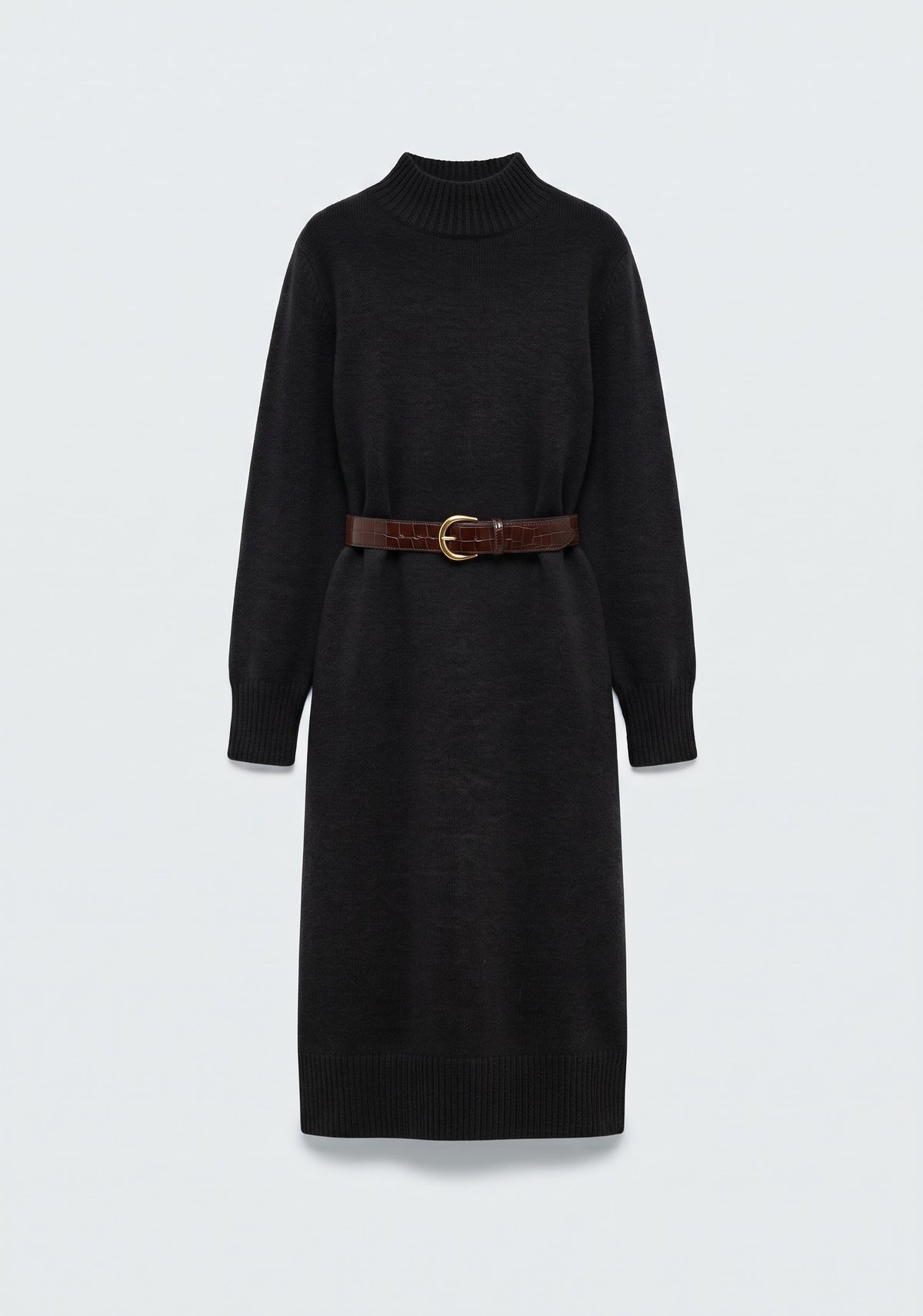 ROBE MIDI EN MAILLES TRICOTÉES À COL MONTANT ET CEINTURE